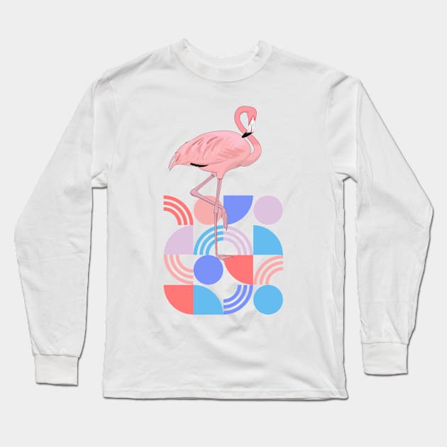 Retro Shapes Midcentury Modern Style Flamingo Long Sleeve T-Shirt by TammyWinandArt